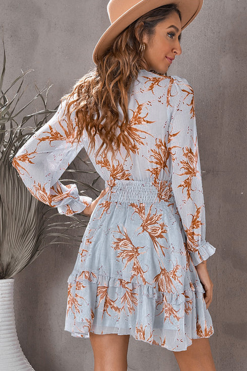 Lantern Sleeve Deep V Neck Knotted Tiered Mini Dress